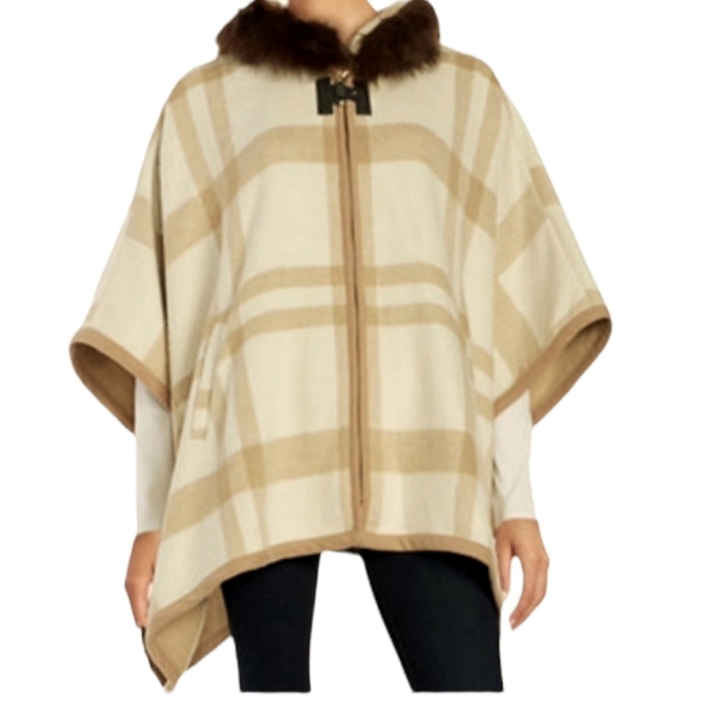 Via‎ Spiga Plaid Cape Faux Fur Hood XS/S